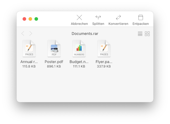 A compressed file that was opened by Archiver without previous extraction, allowing you to preview its contents.