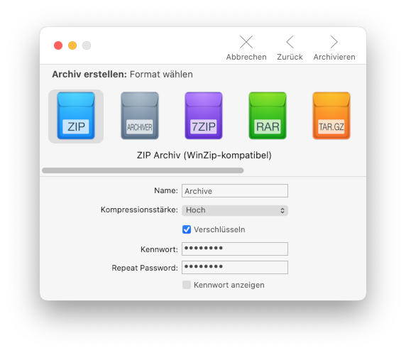 An Archiver compression in progress where you can see a password field to safely protect your compressed file.