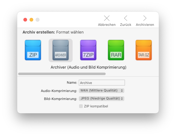 Archiver showing a compression in process, you can choose your archive format, it's name, and even make it zip compatible.