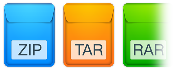A series of three colored icons representing different formats which Archiver can work with: 'ZIP', 'TAR', 'RAR'...
