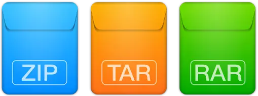 A series of three colored icons representing different formats which Archiver can work with: 'ZIP', 'TAR', 'RAR'...