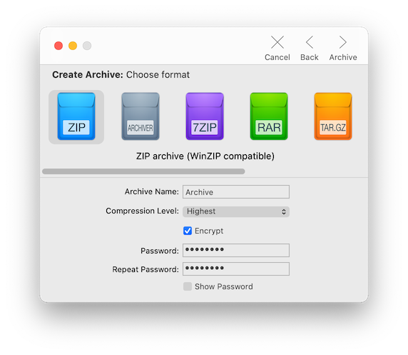 An Archiver compression in progress where you can see a password field to safely protect your compressed file.
