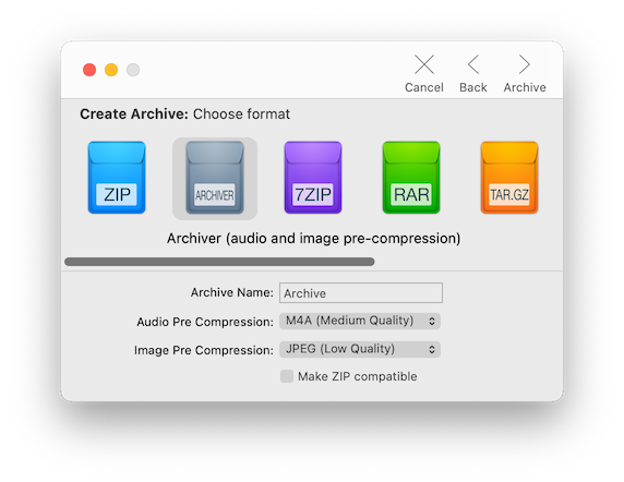 Archiver showing a compression in process, you can choose your archive format, it's name, and even make it zip compatible.