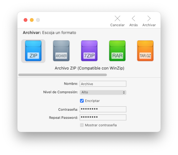 Una compresión en progreso de Archiver donde puedes ver un campo de Contraseña para proteger tu fichero comprimido.