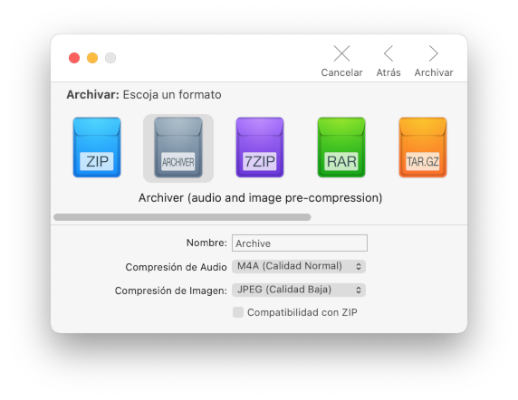 Archiver mostrando una compresión. Puedes escoger el formato del archivo, su nombre, e incluso hacerlo compatible con 'zip's.